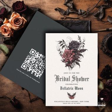 QR Goth Rosewood Black Roses Floral Bridal Shower Invitations