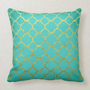 Quatrefoil Gold Patterns Teal Blue Seafoam Lattice Throw Pillow