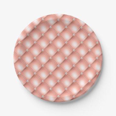 Quilted Diamond Sparkly Rose Gold Pink Luxury Paper Plates