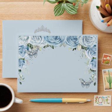 Quinceañera Baby Blue Floral Silver Butterflies Envelope