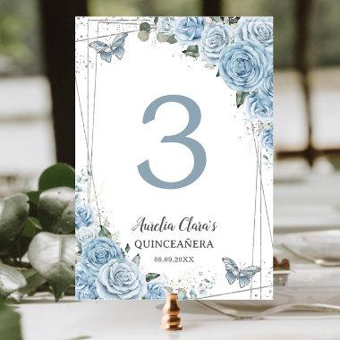 Quinceañera Baby Blue Floral Silver Butterflies Table Number