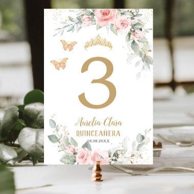 Quinceañera Blush Pink Floral Gold Butterflies Table Number