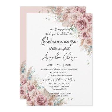 Quinceañera Boho Blush Dusty Rose Floral Pampas Invitations