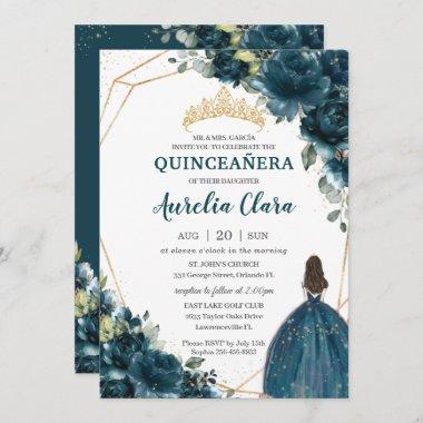 Quinceañera Dark Teal Peacock Floral Princess Invitations