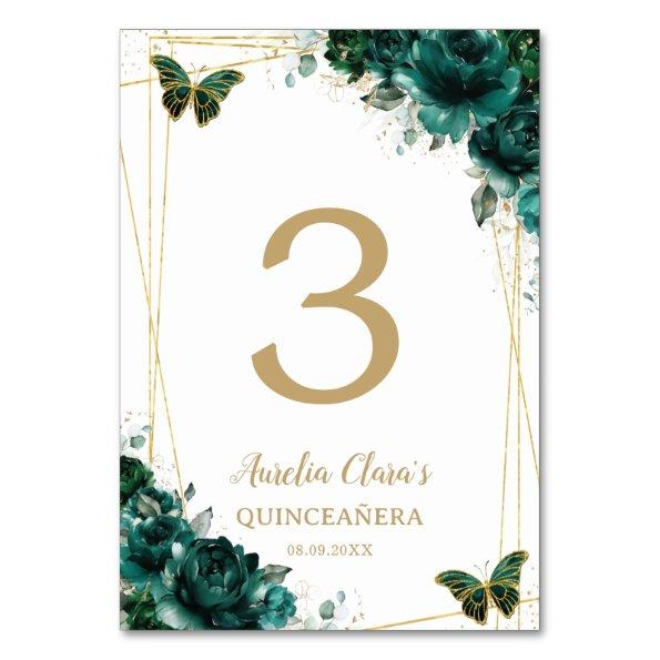 Quinceañera Emerald Green Floral Gold Butterflies Table Number