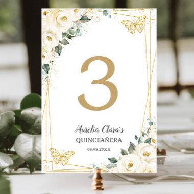 Quinceañera Ivory White Floral Gold Butterflies Table Number