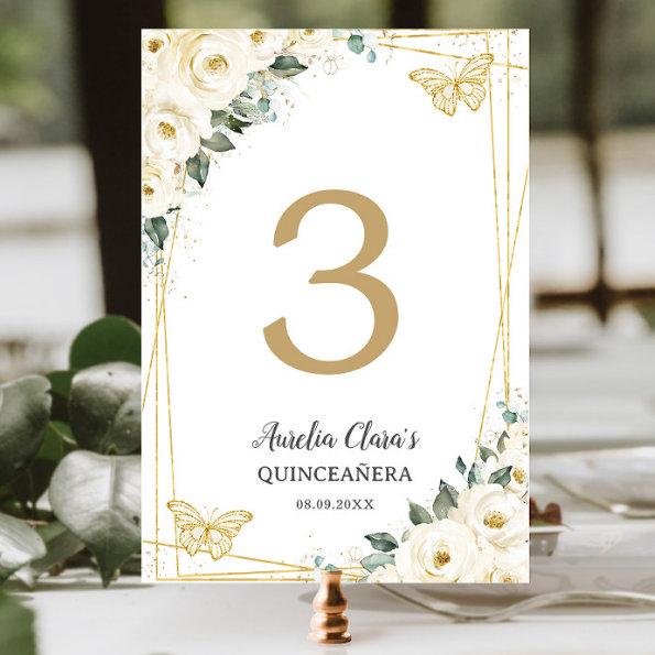 Quinceañera Ivory White Floral Gold Butterflies Table Number