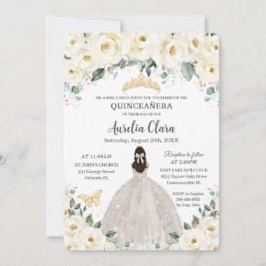 Quinceañera Ivory White Floral Gold Tiara Dress Invitations