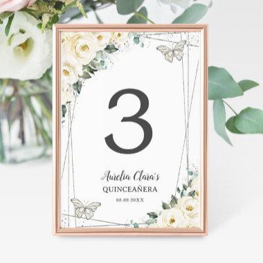 Quinceañera Ivory White Floral Silver Butterflies Table Number