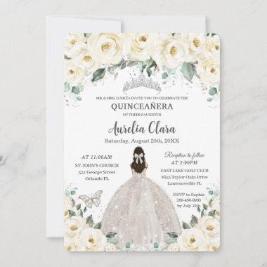 Quinceañera Ivory White Floral Silver Tiara Dress Invitations