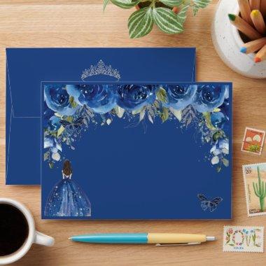 Quinceañera Princess Royal Blue Floral Silver Envelope