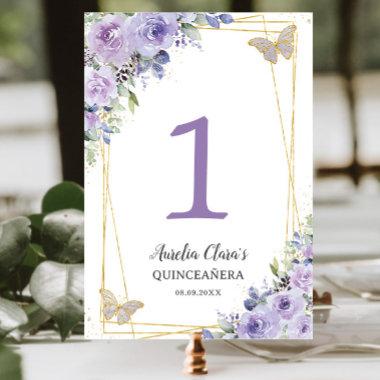 Quinceañera Purple Lilac Floral Gold Butterflies Table Number