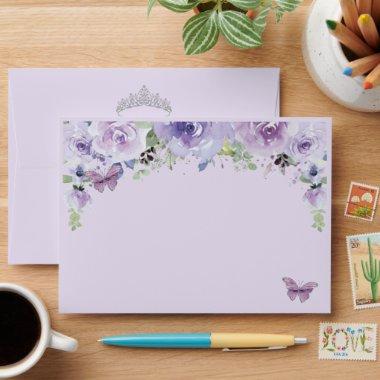 Quinceañera Purple Lilac Floral Silver Butterflies Envelope