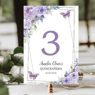 Quinceañera Purple Lilac Floral Silver Butterflies Table Number