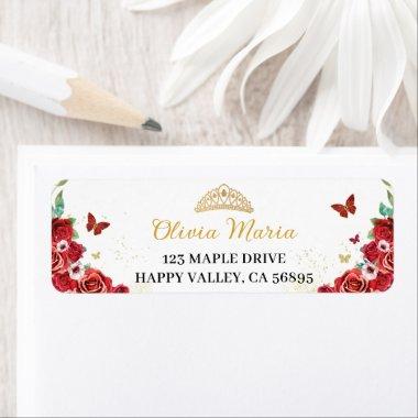 Quinceañera Red Roses Floral Butterflies Address Label