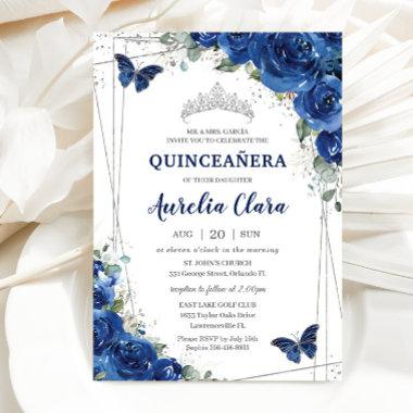 Quinceañera Royal Blue Floral Butterflies Birthday Invitations