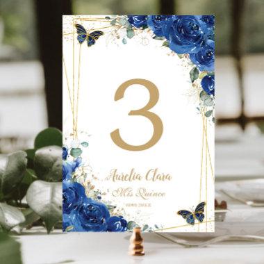 Quinceañera Royal Blue Floral Gold Butterflies Table Number