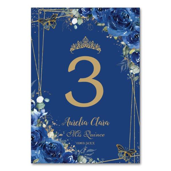 Quinceañera Royal Blue Floral Gold Butterflies Table Number