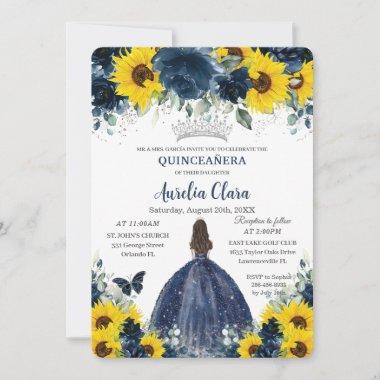 Quinceañera Sunflower Navy Blue Floral Princess Invitations