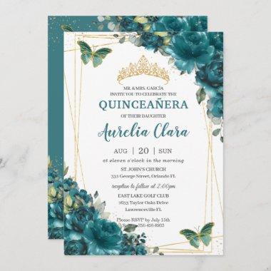 Quinceañera Teal Blue Green Floral Butterflies Invitations