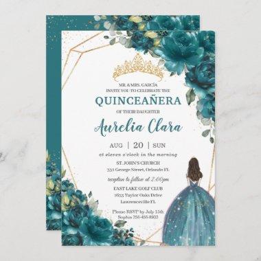 Quinceañera Teal Blue Green Floral Princess Crown Invitations