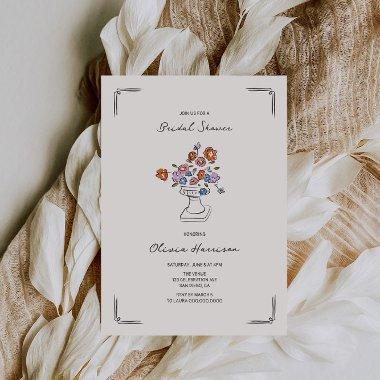 Quirky Hand Drawn Floral Urn Bridal Shower Invitations