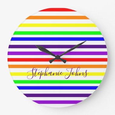 Rainbow Color Stripes Lines Cute Monograms Name Large Clock