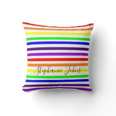 Rainbow Color Stripes Lines Cute Monograms Name Throw Pillow