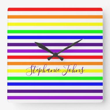 Rainbow Color Stripes Lines Monogram Name Colorful Square Wall Clock