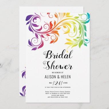Rainbow colors scroll leaf lesbian bridal shower Invitations
