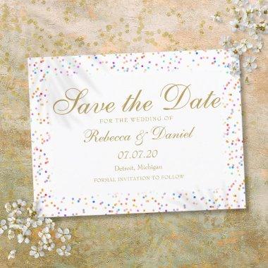 Rainbow Confetti Gold Script Save the Date Announcement PostInvitations