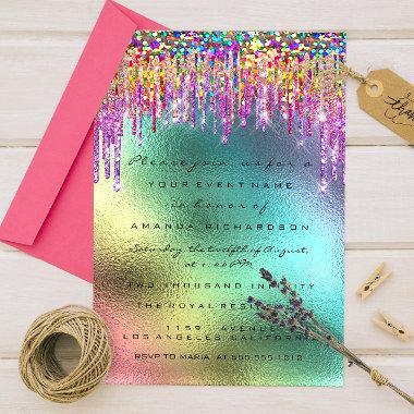 Rainbow Glitter Drip Bridal 16th Unicorn Invitations
