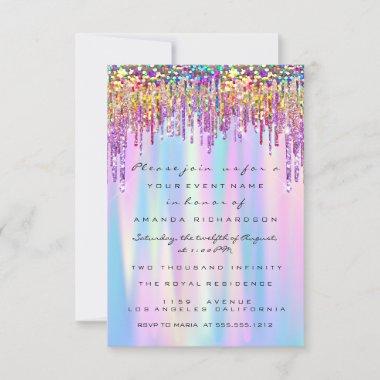 Rainbow Glitter Drip Bridal Sweet 16th Holographic Invitations
