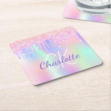 Rainbow glitter drips pink holographic birthday square paper coaster