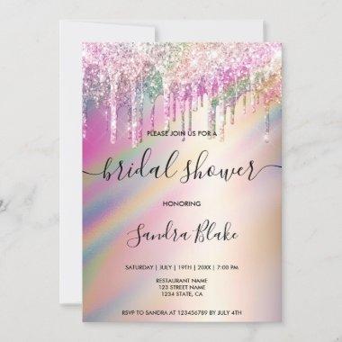 Rainbow Holographic Glitter Drips Bridal Shower In Invitations