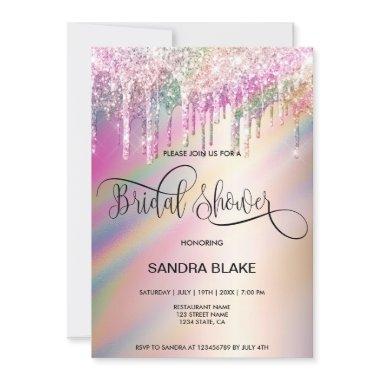 Rainbow Holographic Glitter Drips Bridal Shower In Invitations