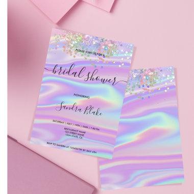 Rainbow Holographic Glitter Drips Bridal Shower Invitations