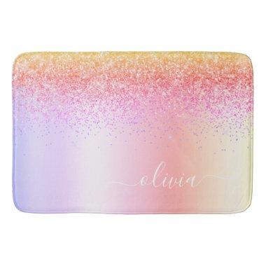 Rainbow Pastel Girly Glitter Metal Monogram Name Bath Mat