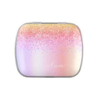 Rainbow Pastel Girly Glitter Metal Monogram Name Candy Tin