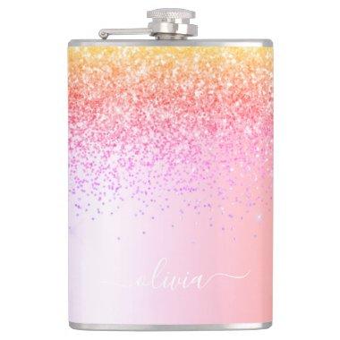 Rainbow Pastel Girly Glitter Metal Monogram Name Flask