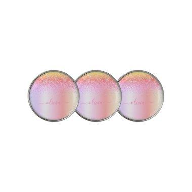 Rainbow Pastel Girly Glitter Metal Monogram Name Golf Ball Marker