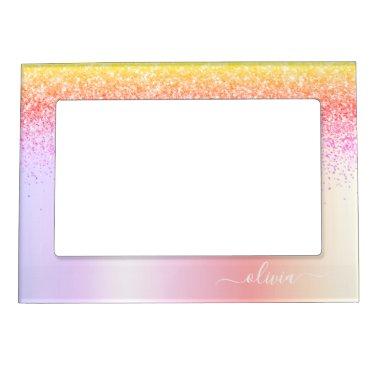 Rainbow Pastel Girly Glitter Metal Monogram Name Magnetic Frame