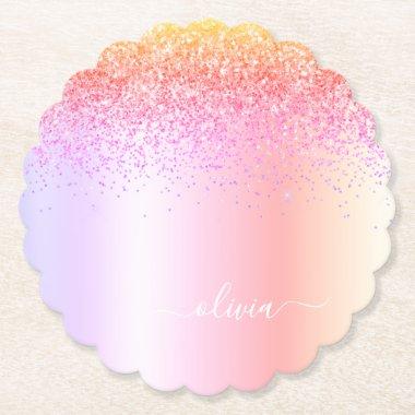 Rainbow Pastel Girly Glitter Metal Monogram Name Paper Coaster