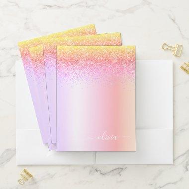 Rainbow Pastel Girly Glitter Metal Monogram Name Pocket Folder