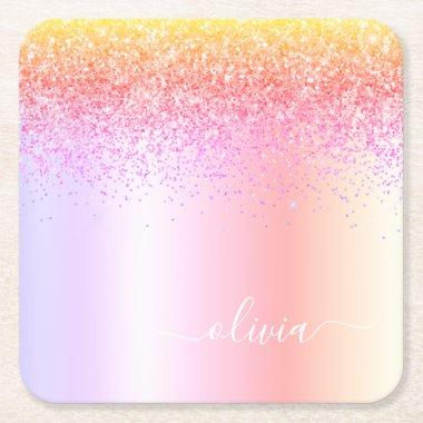 Rainbow Pastel Girly Glitter Metal Monogram Name Square Paper Coaster