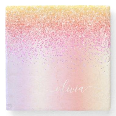 Rainbow Pastel Girly Glitter Metal Monogram Name Stone Coaster