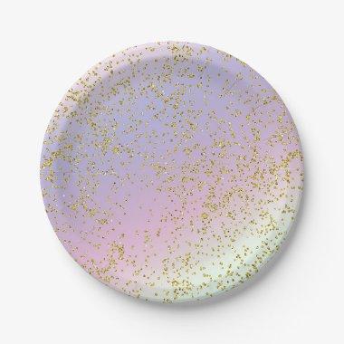 Rainbow Pastel Gold Glitter Fantasy Birthday Party Paper Plates