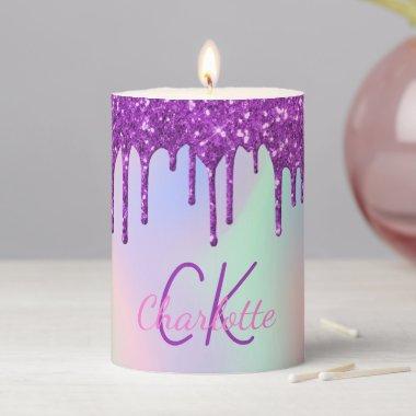 Rainbow purple glitter drips holographic monogram pillar candle