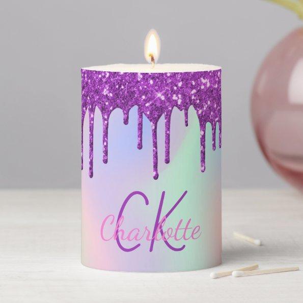 Rainbow purple glitter drips holographic monogram pillar candle