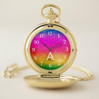 Rainbow Purple Yellow Glitter Green Sparkle Pocket Watch